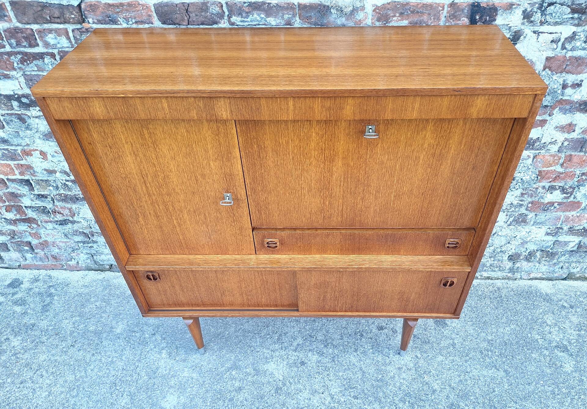 Vintage teak secretary, bar cabinet, sideboard, desk.