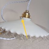 White opaline pendant light with transparent serrated edges, 1930/50