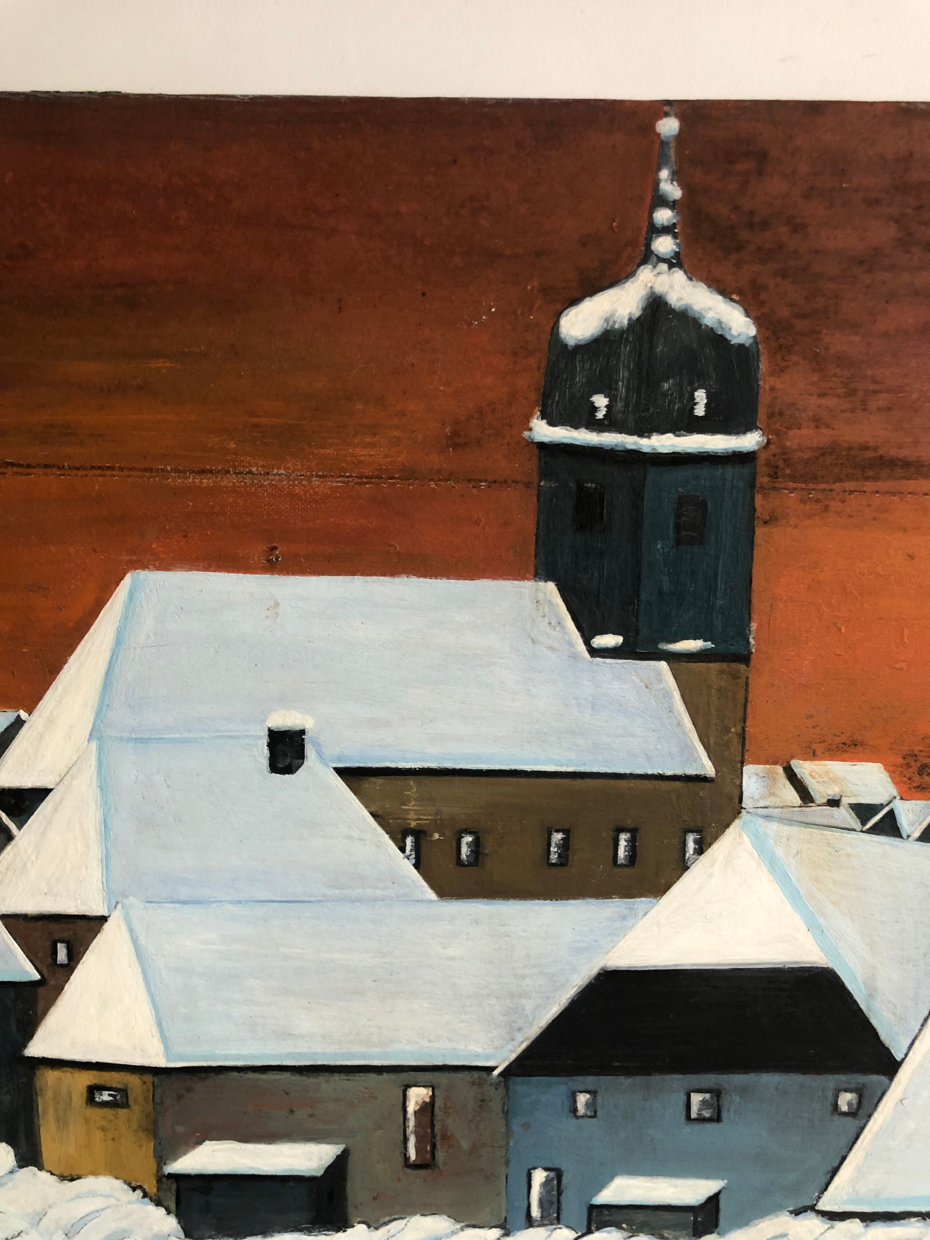 Oil on canvas mountain landscape and snow