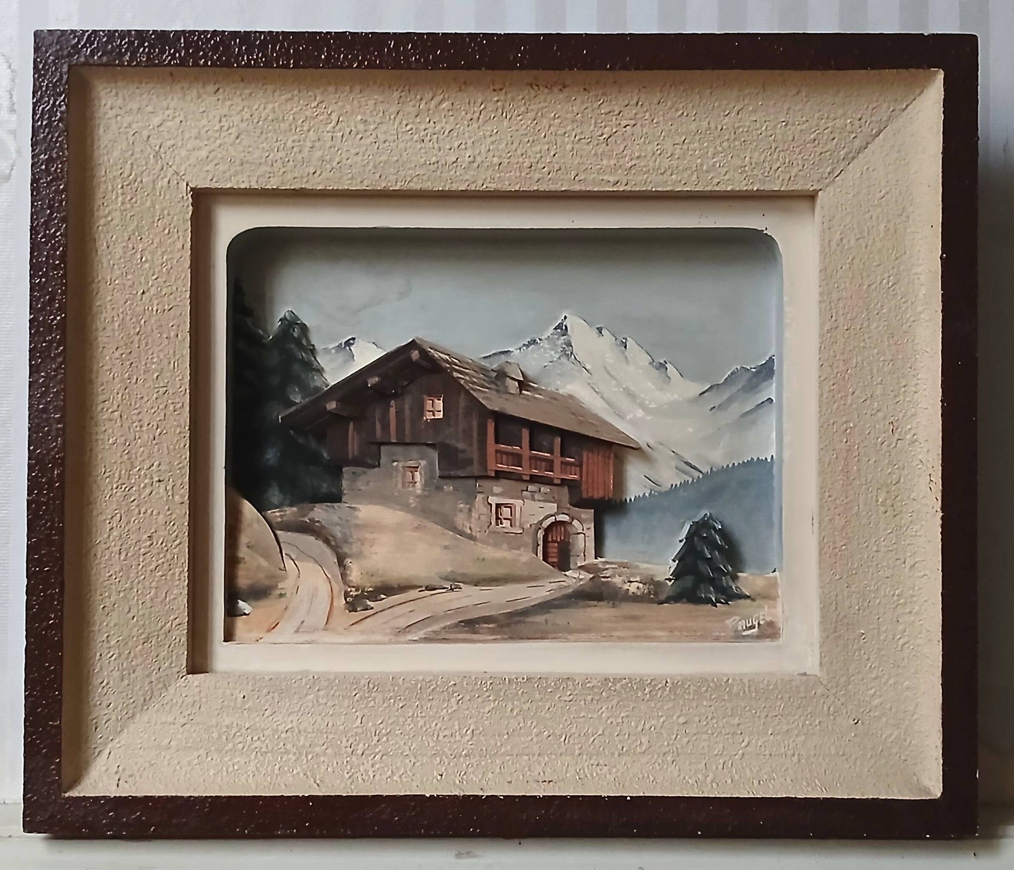 François Raugel, chalet in the mountains, painting on carved wood.