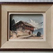 François Raugel, chalet in the mountains, painting on carved wood.