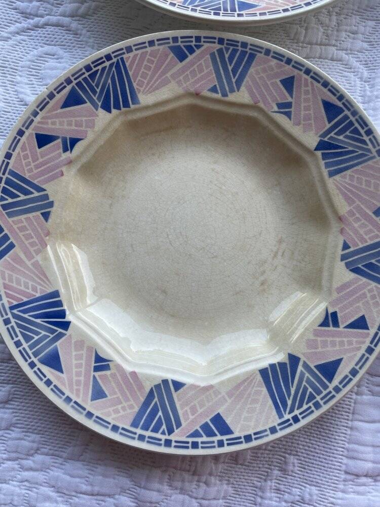 4 assiettes creuses HBCM Dolly 1930 bleu/rose céramique/faïence abstrait