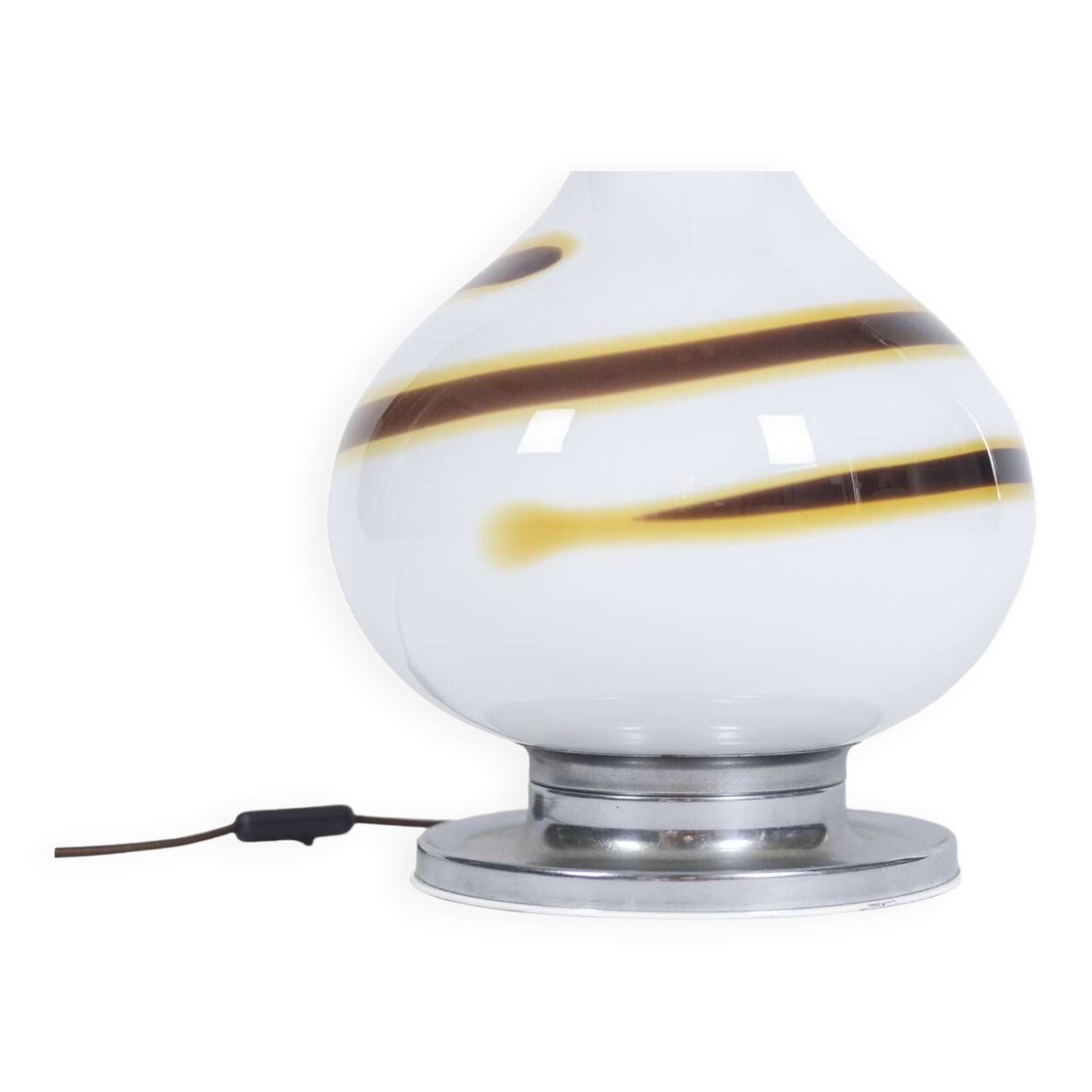 White glass lamp decorated with a brown and yellow spiral, 1970s