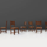 Set of six brutalist dining chairs in oak an wicker