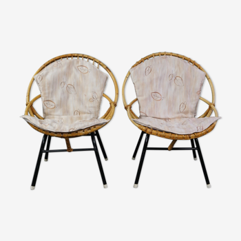 Set de 2 fauteuils en rotin avec coussins assortis Dutch Design 1960