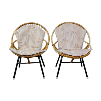 Set of 2 rattan armchairs with matching cushions Dutch Design 1960