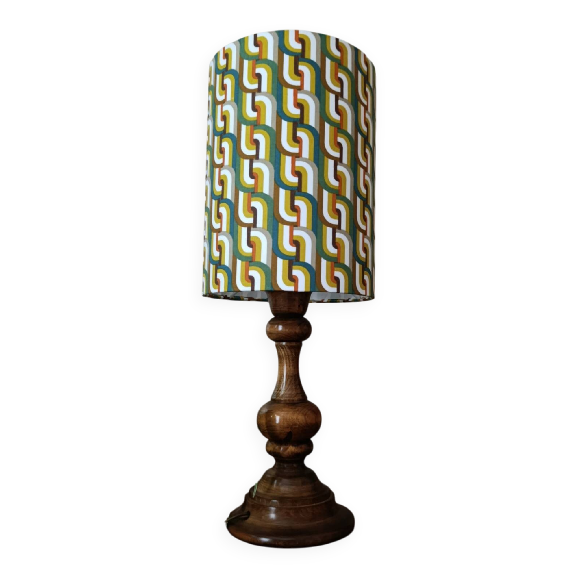 vintage turned wood lamp, seventies graphic lampshade