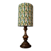 vintage turned wood lamp, seventies graphic lampshade