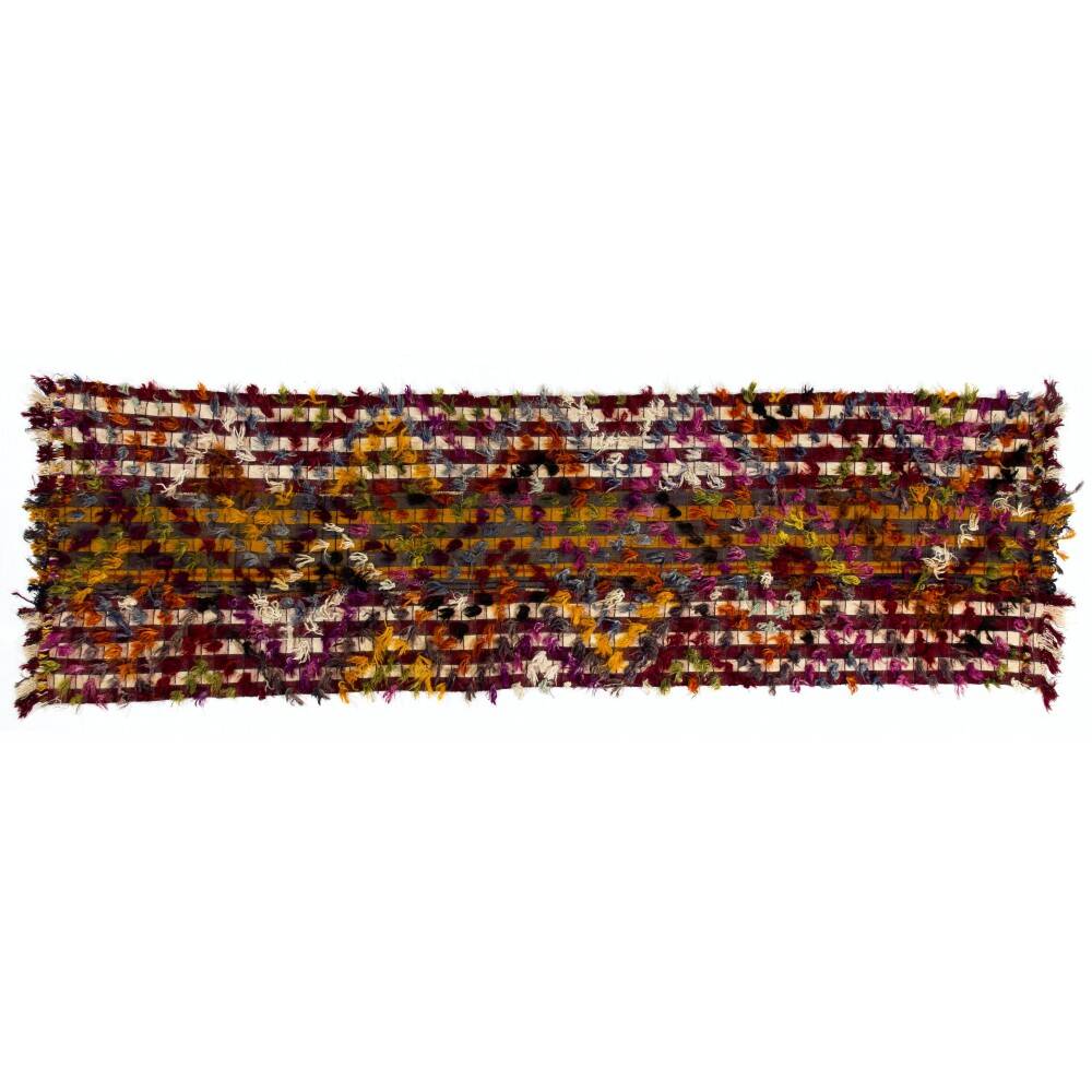 Vintage Handwoven Turkish Kilim Runner Rug with Colorful Pom Poms