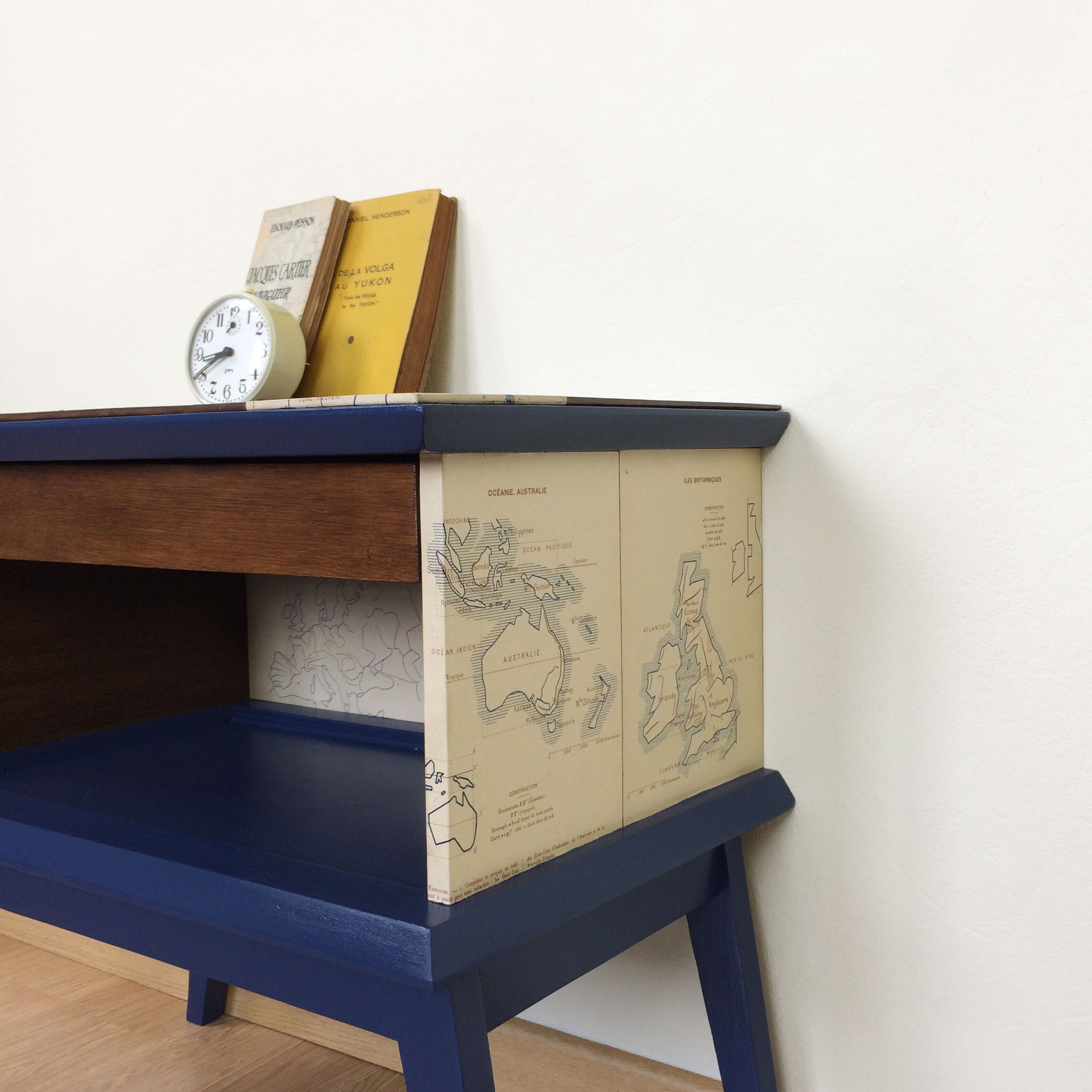 Blue bedside table compass feet