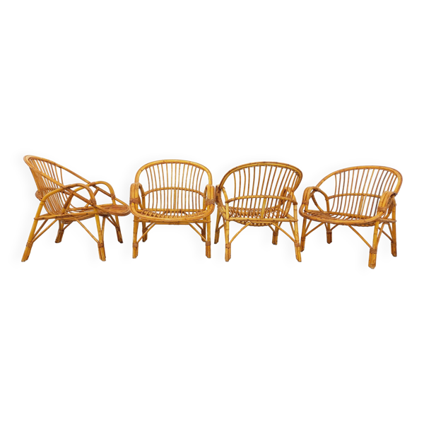Suite de 4 fauteuils vintage en rotin des années 60