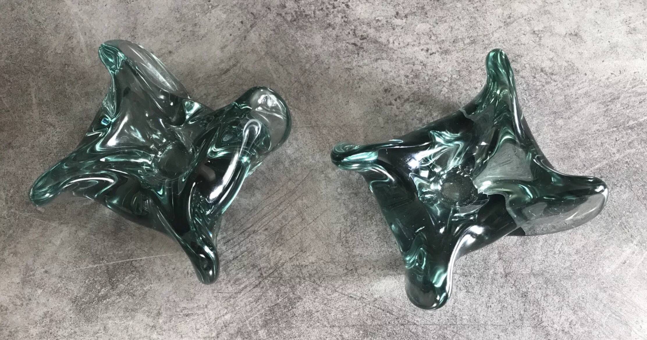 Pair of vintage blue/green tinted glass candlesticks from the 70s
