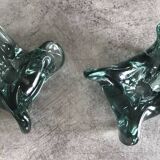 Pair of vintage blue/green tinted glass candlesticks from the 70s