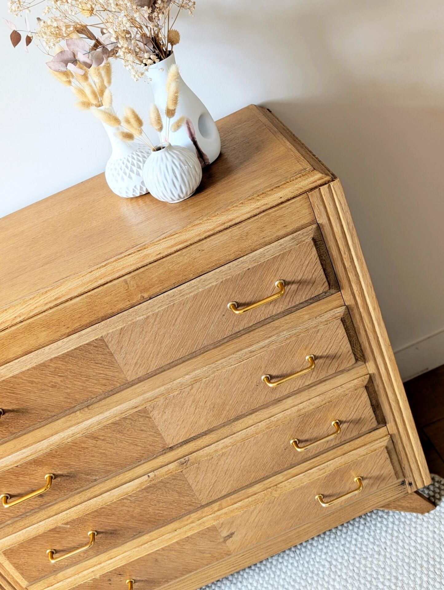 Commode vintage rénovée, chêne blond, pieds compas, années 50 60