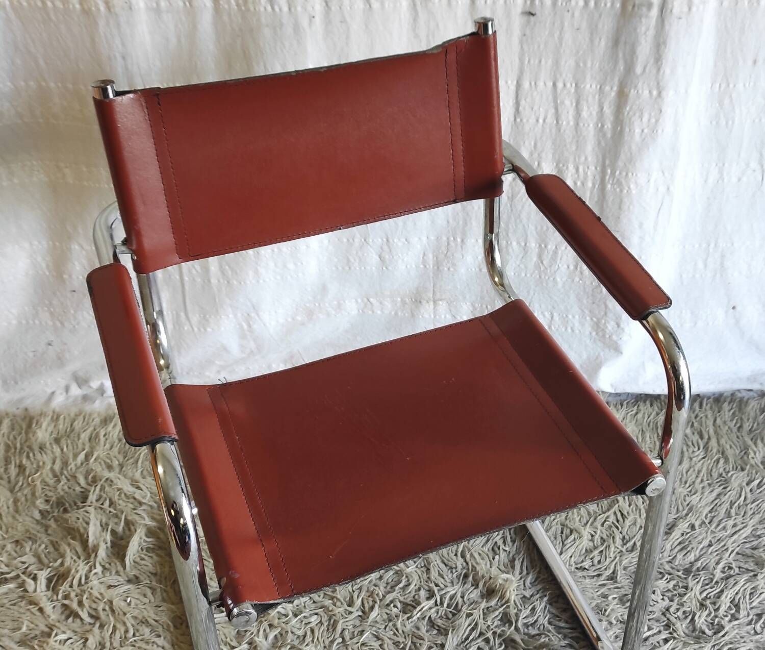 Bauhaus style chrome metal and faux leather chair - 70s/80s
