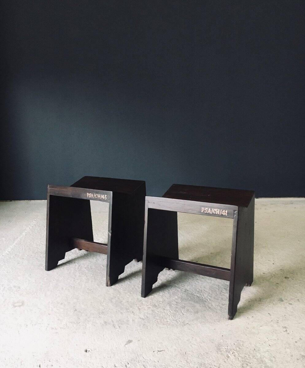 Modernist PJ-SI-68-A Sewing Stools by Pierre Jeanneret for Chandigarh, 1950s, India, Set of 2