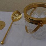 Glass and gold metal ice bucket with its gold metal spoon - Very good condition