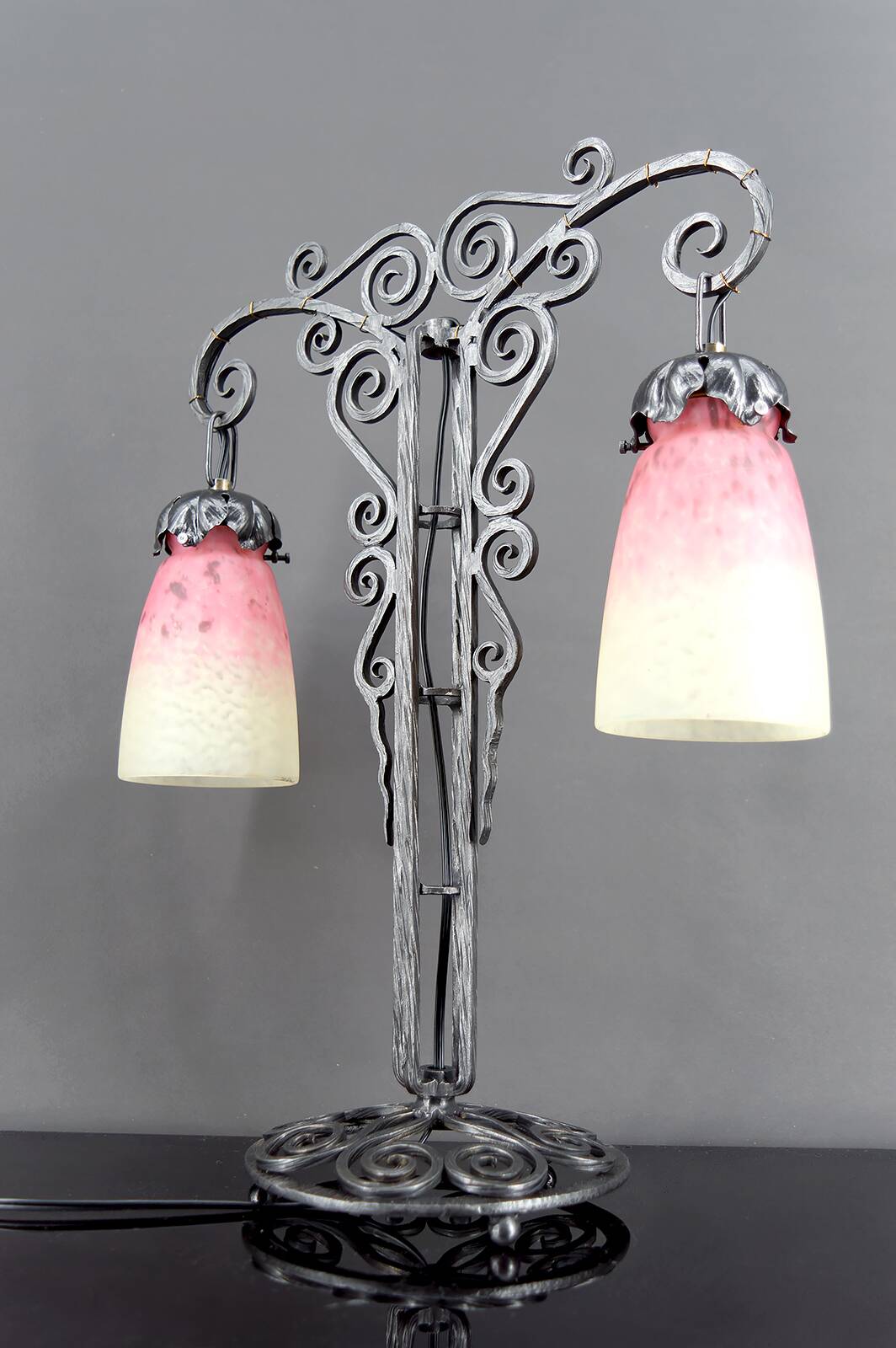 Important Wrought Iron Double-Headed Lamp by Schneider, Art Deco, c. 1920