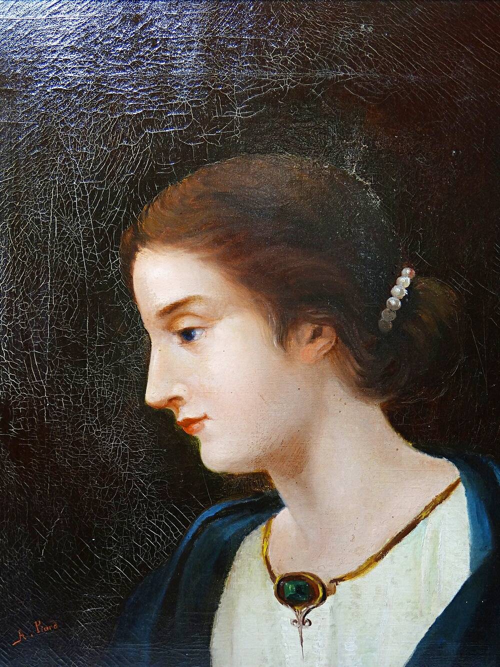 Old portrait of a young woman in profile, oil on canvas A. Piard 19th century
