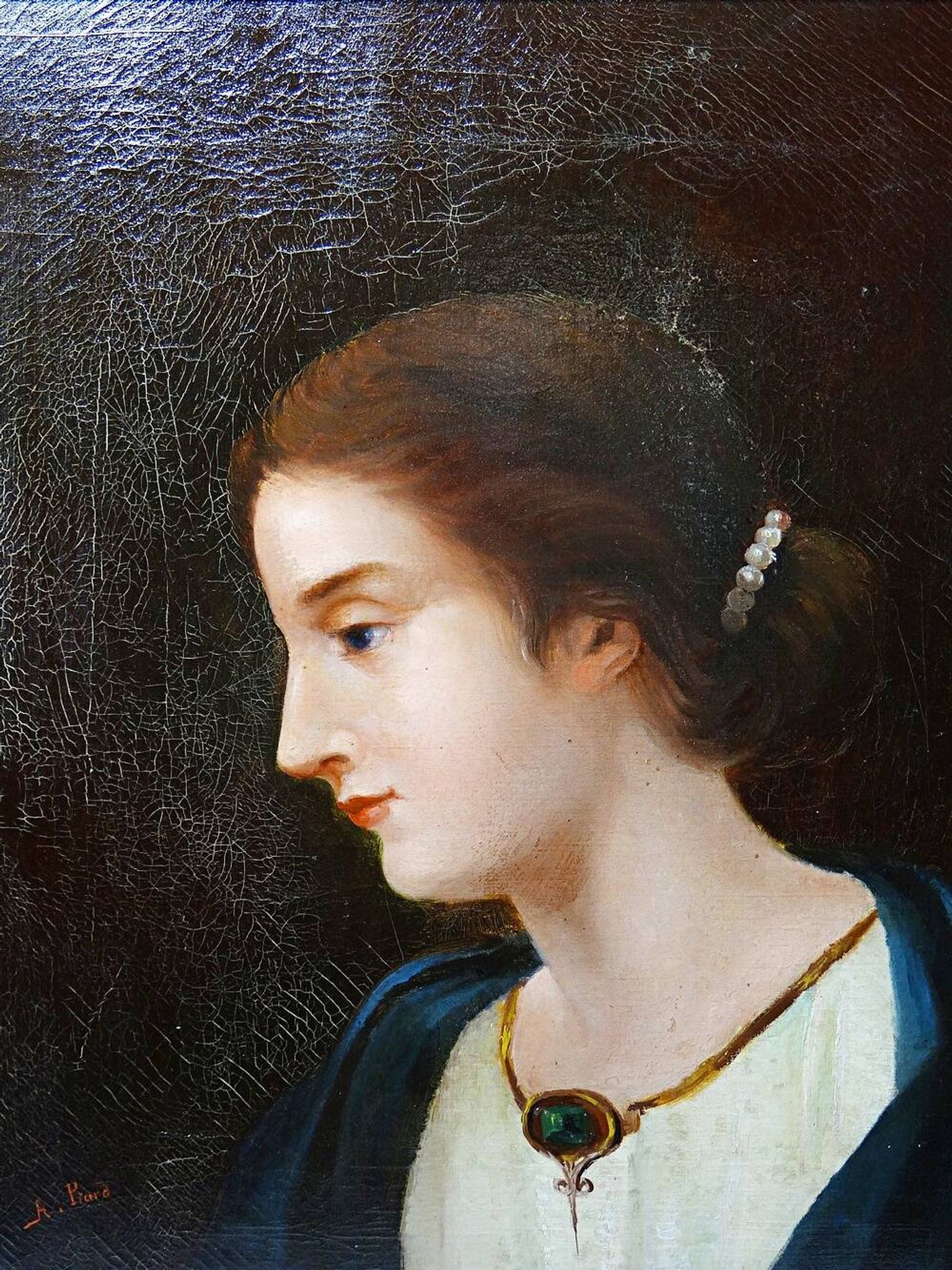 Old portrait of a young woman in profile, oil on canvas A. Piard 19th century