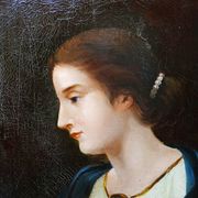 Old portrait of a young woman in profile, oil on canvas A. Piard 19th century