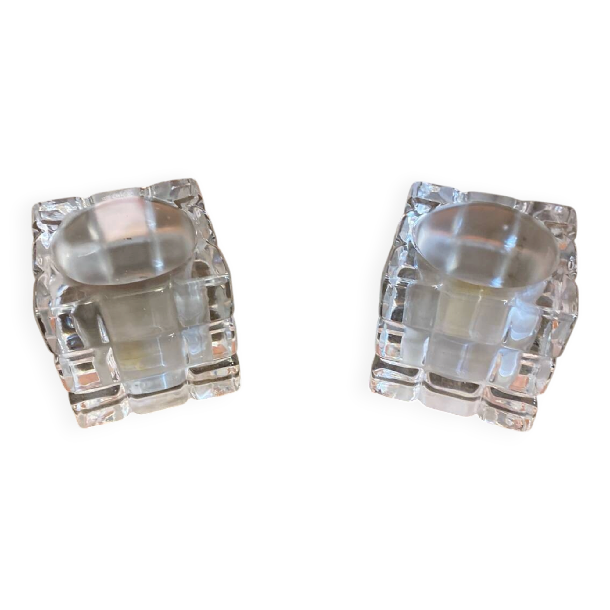 Pair of Modernist Cube Design Candle Holders Moulded Glass 1970s Vintage