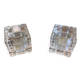 Pair of Modernist Cube Design Candle Holders Moulded Glass 1970s Vintage