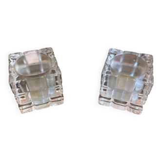 Pair of Modernist Cube Design Candle Holders Moulded Glass 1970s Vintage