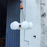 Scandinavian teak and white opaline chandelier with 6 lights from the 70s