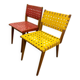 Paire chaises rouge et jaune style Risom vers 1950