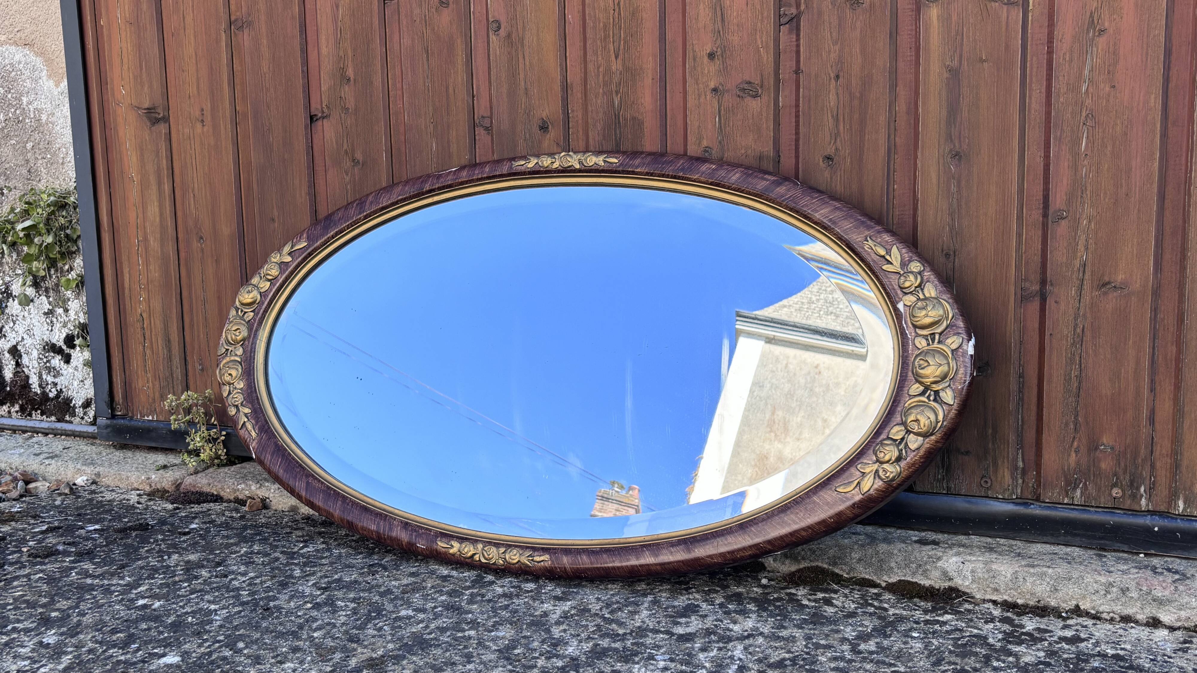 Vintage oval mirror – Patinated gold floral decorative frame