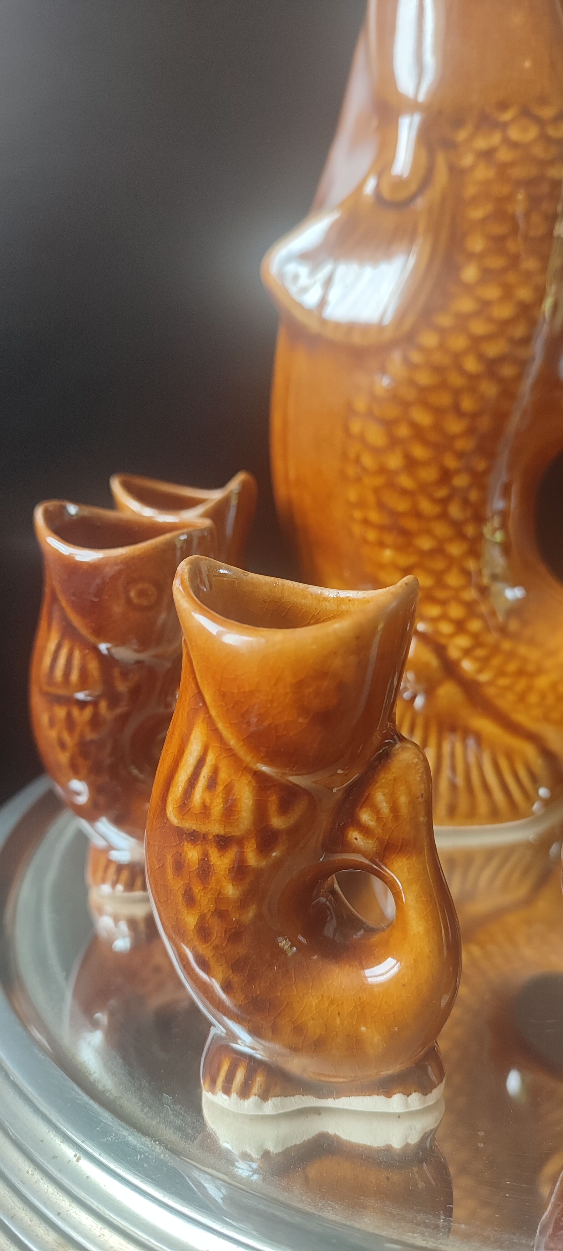 Carafe and glasses "Fish" Amber Ceramic Vintage USSR era