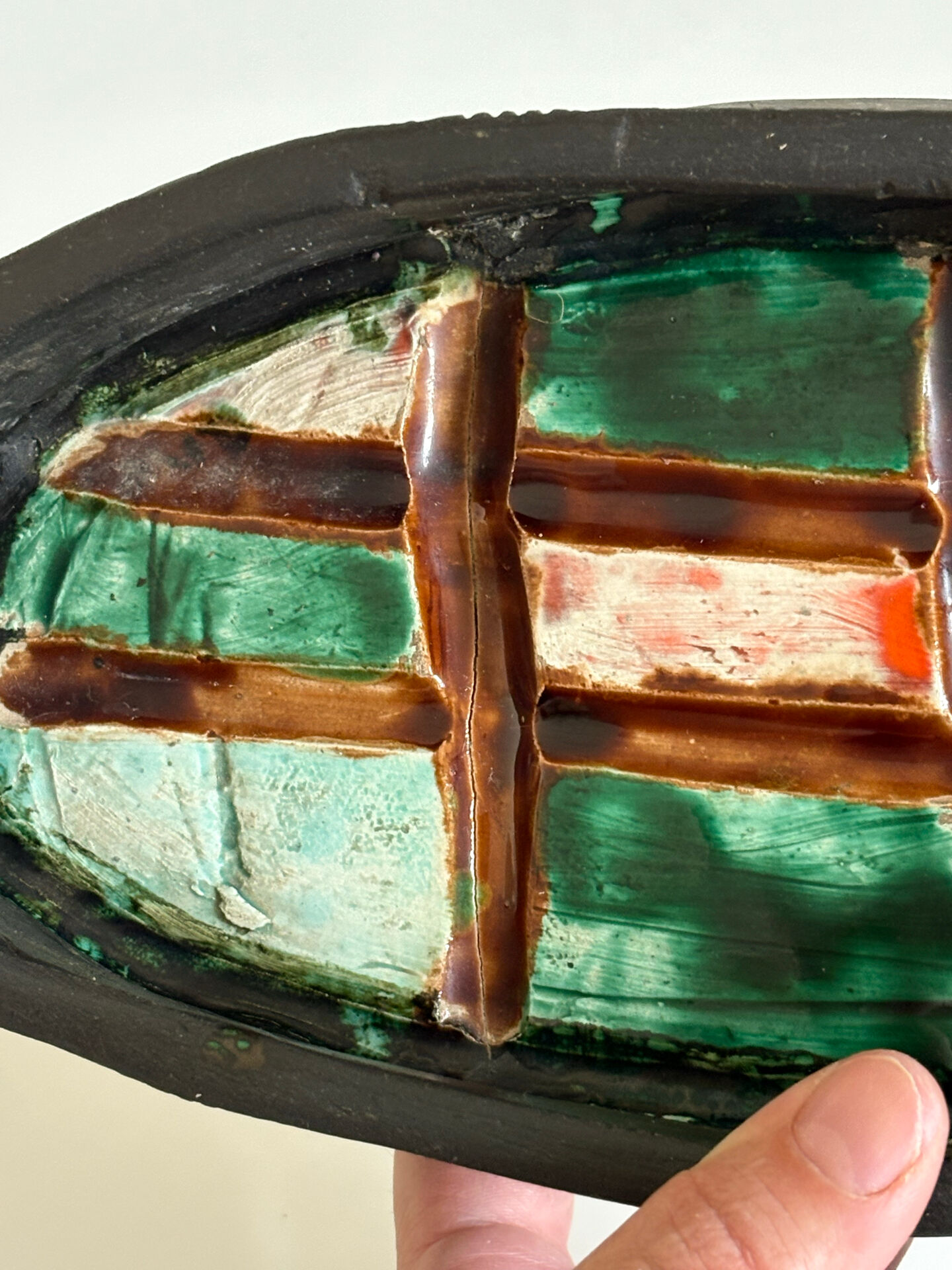Oval bowl with two handles in glazed ceramic, 1970-71