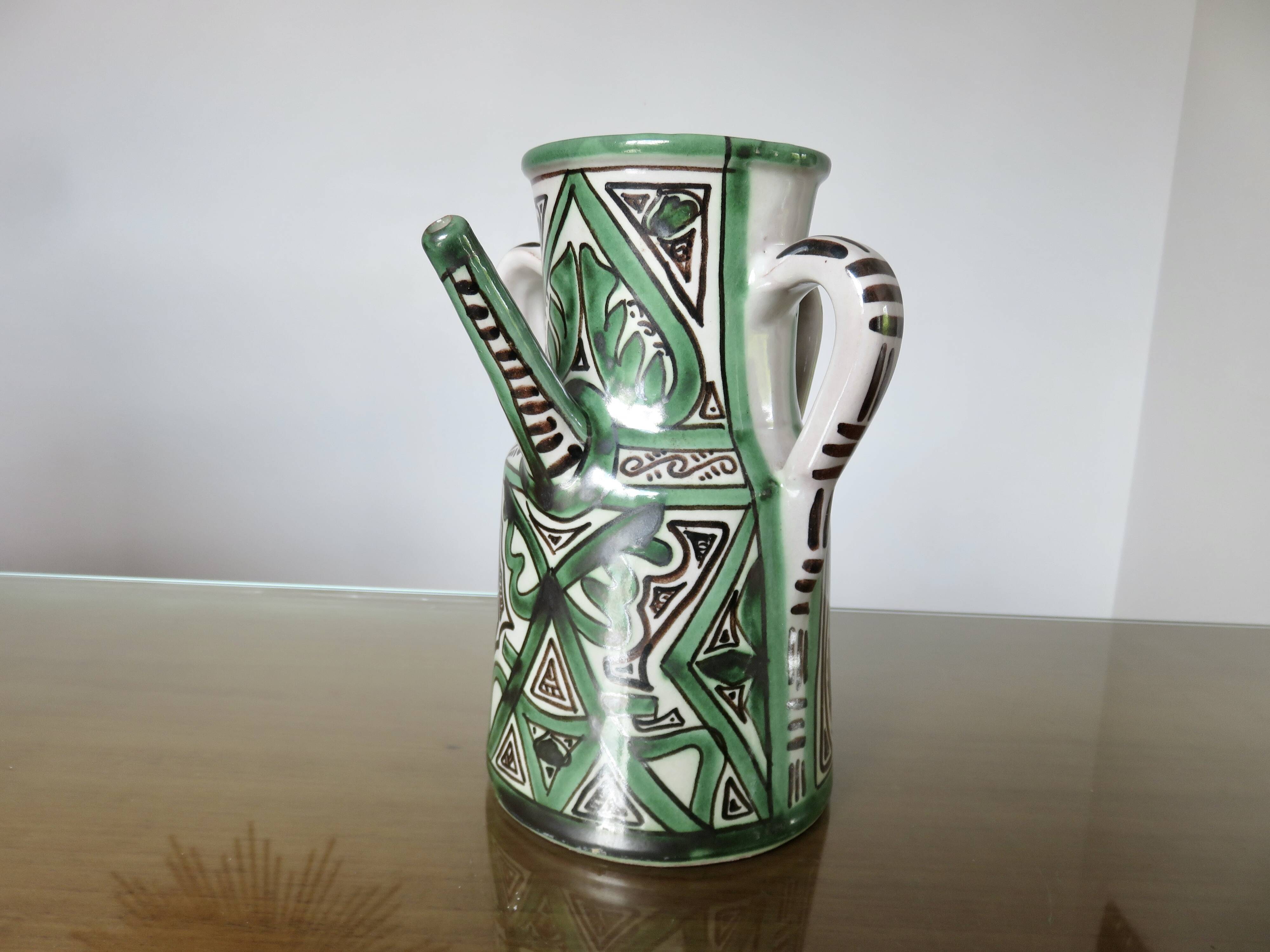 Domingo Punter, large pitcher with 3 handles, ceramic, signed, Spain 1960