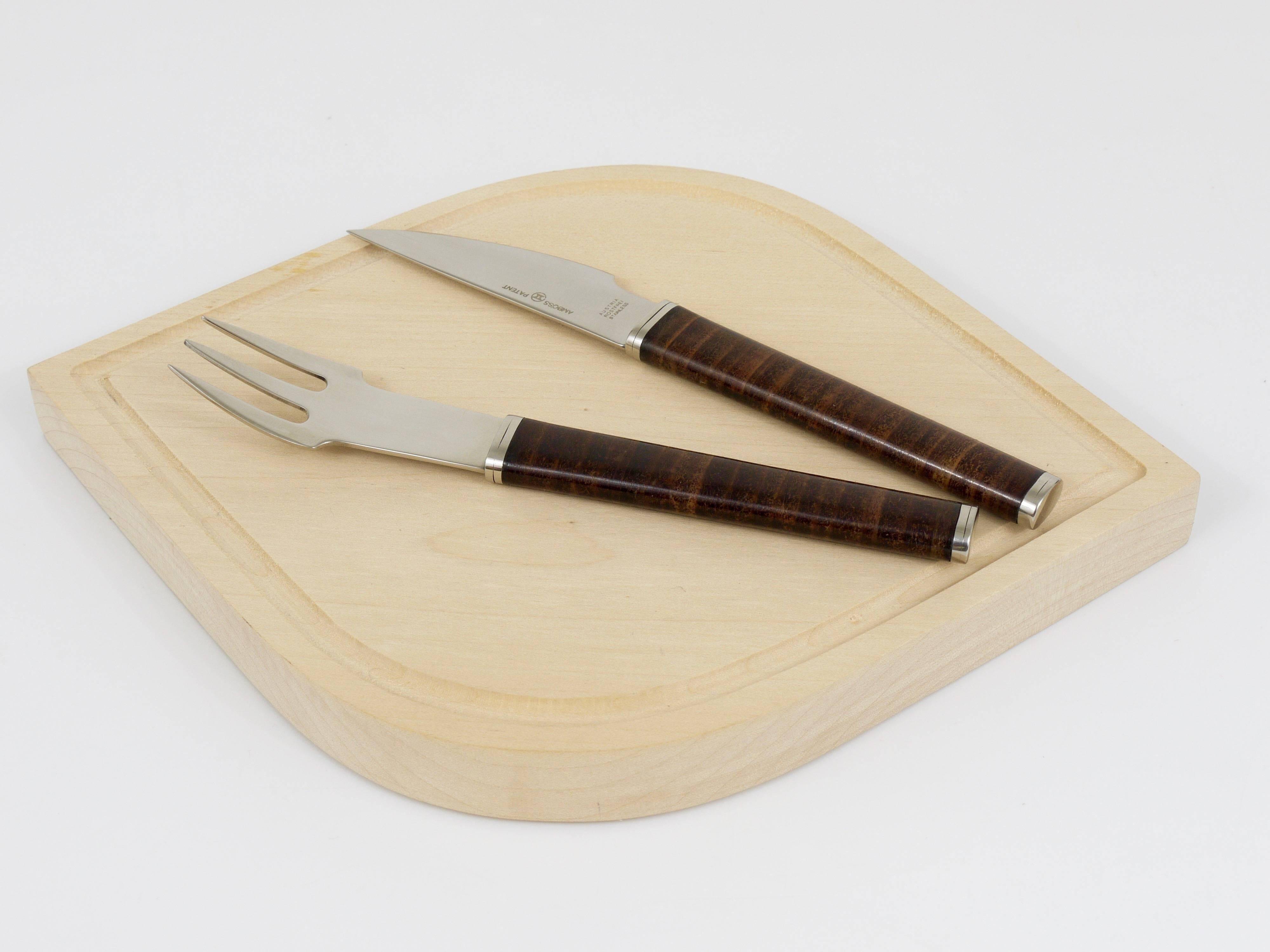 Snack set János Megyik, knife, fork and wooden board, Amboss Austria, 1970s