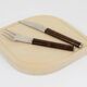 Snack set János Megyik, knife, fork and wooden board, Amboss Austria, 1970s