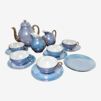 Service à thé en porcelaine fine japonnaise  bleu nacré et or