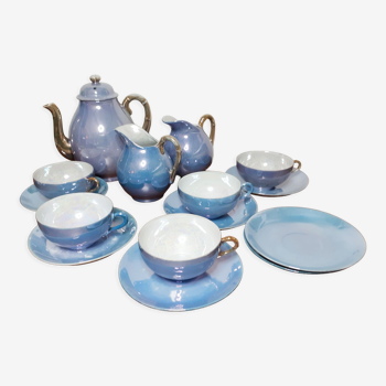 Tea set in fine Japanese porcelain pearl blue and gold