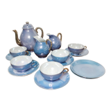 Service à thé en porcelaine fine japonnaise  bleu nacré et or
