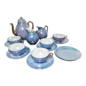 Tea set in fine Japanese porcelain pearl blue and gold
