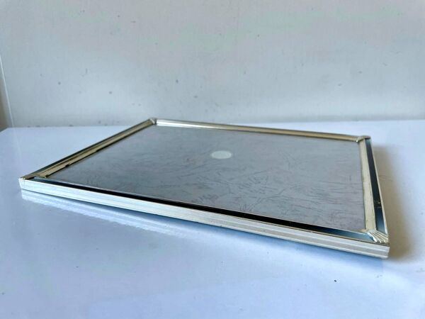 Cadre art déco vintage en métal argenté 24,5 cm x 19 cm verre convexe
