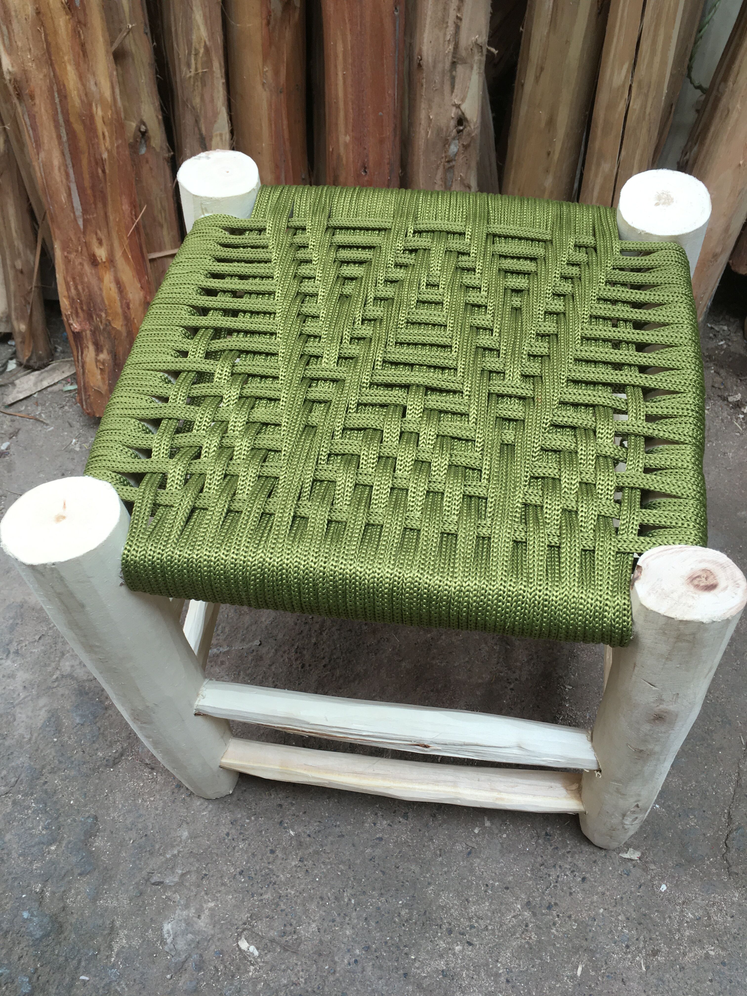 Traditional Moroccan stool in olive green nylon thread and Eucalyptus wood 02