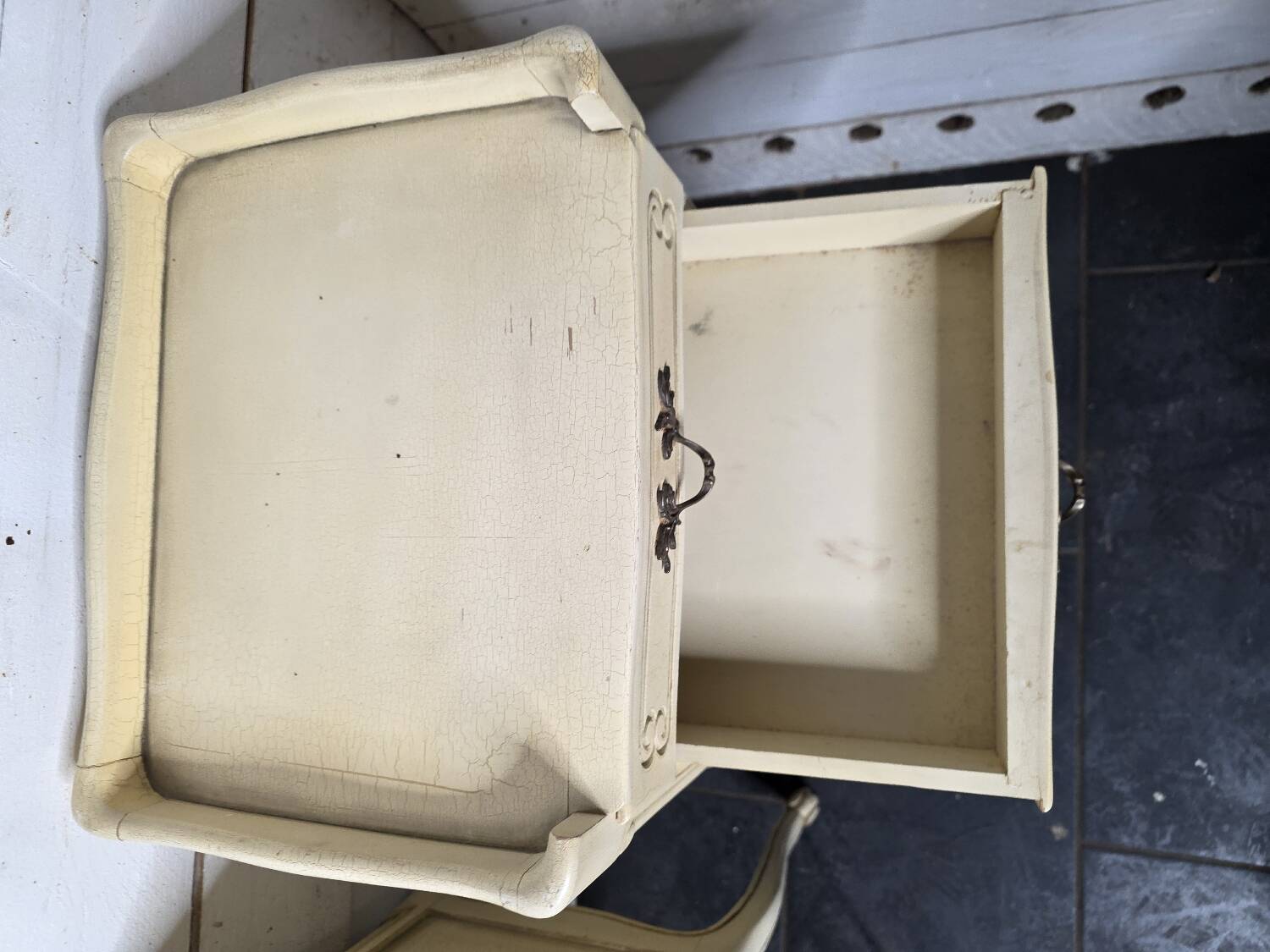 Pair of Louis XV style bedside tables with patina