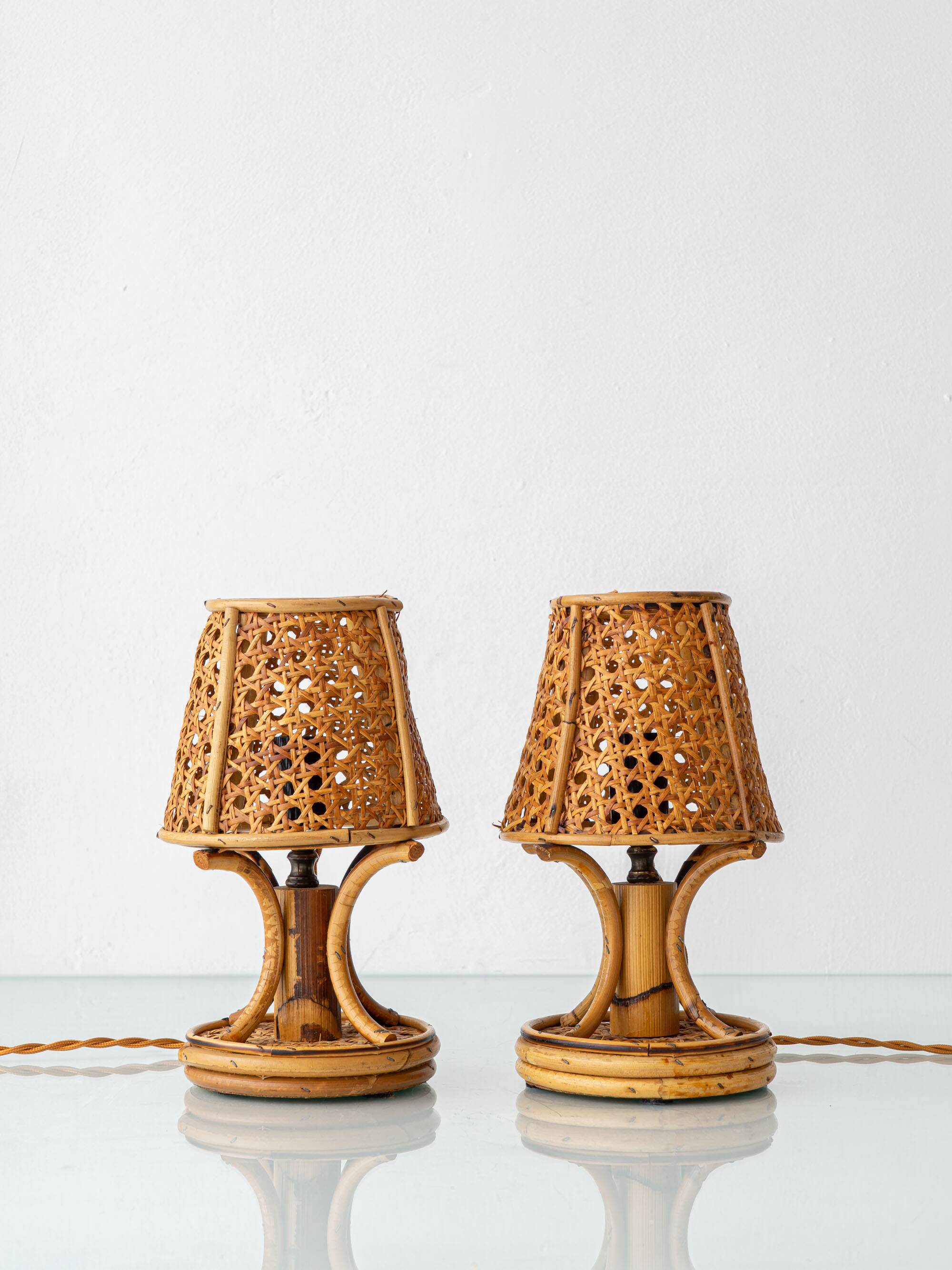 French Riviera Bamboo Rattan Table Lamps, Pair, Vienna Straw Shades, 1960s