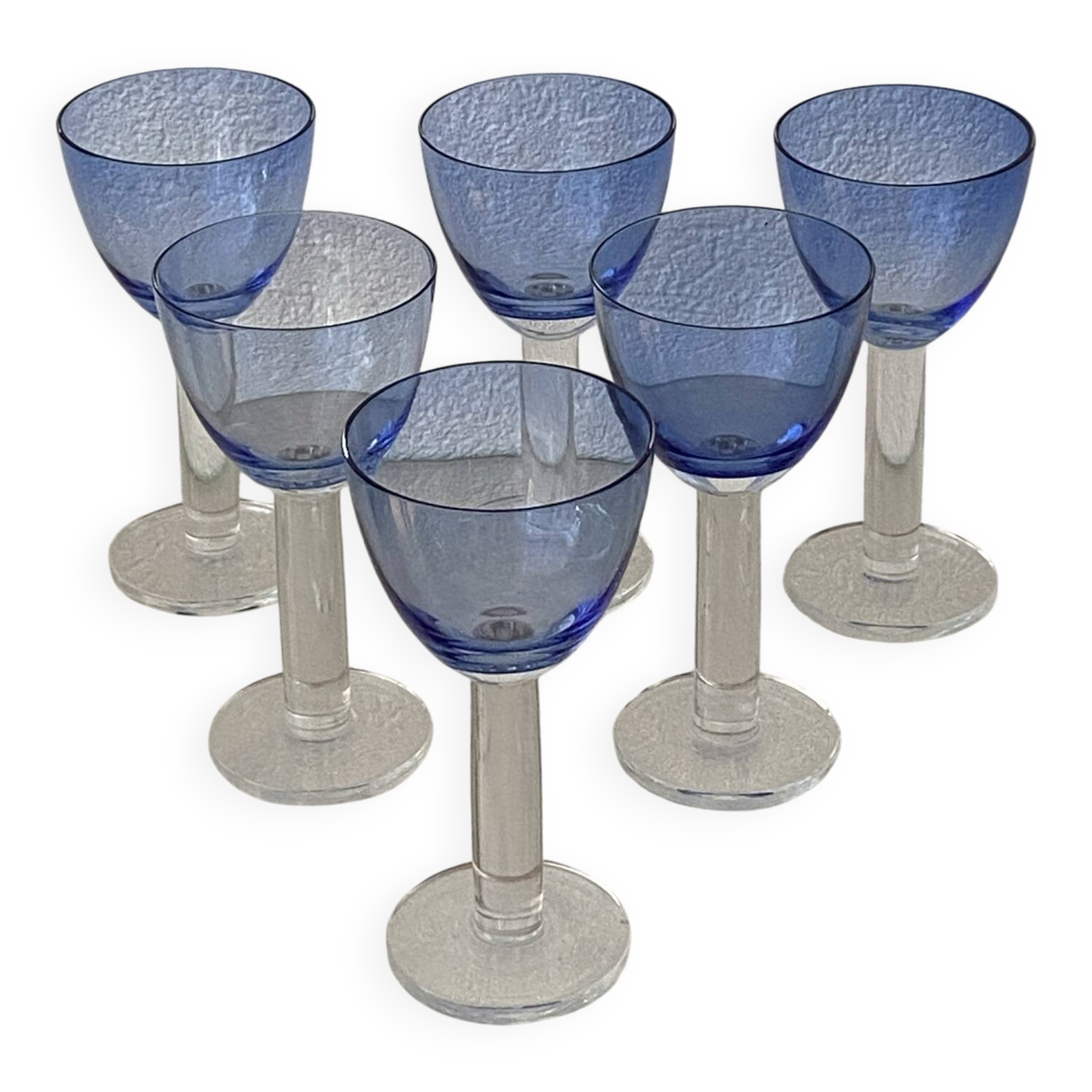 Six two-coloured wine or cocktail glasses.