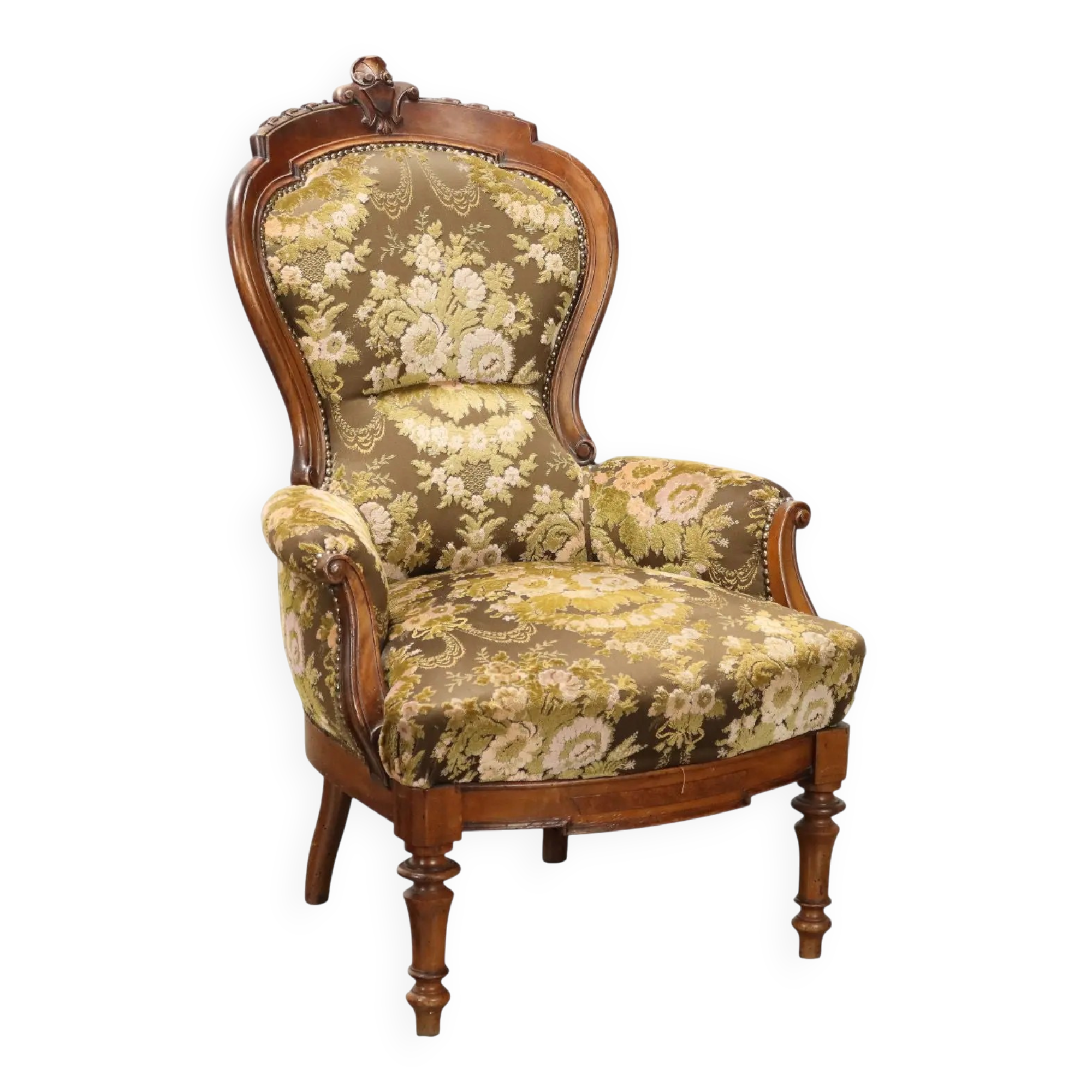 Fauteuil ancien umbertin en noyer et tissu, Italie, XIX Century