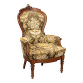 Fauteuil ancien umbertin en noyer et tissu, Italie, XIX Century