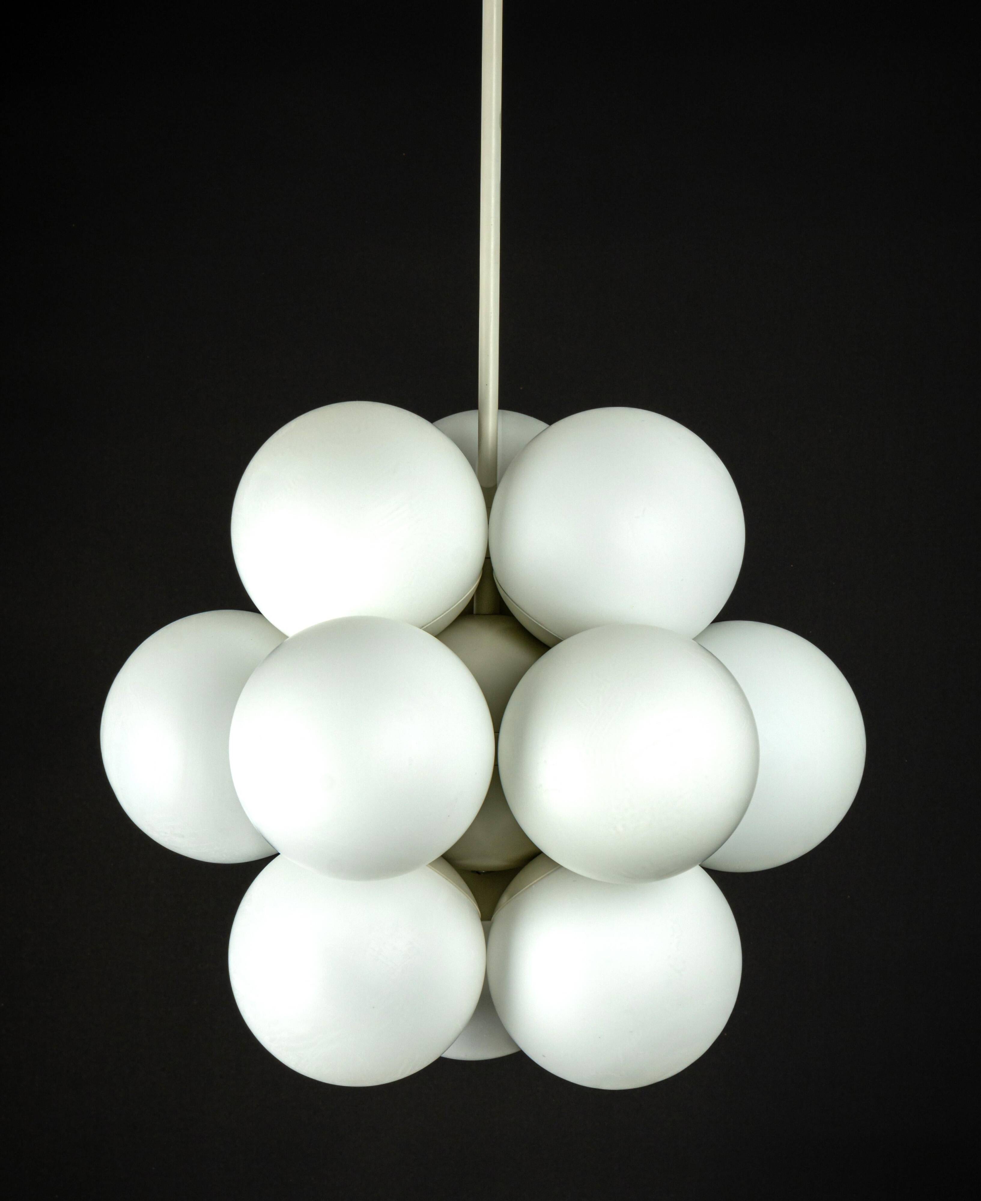Kaiser Sputnik chandelier, molecular shape, 12 opal glasses, Germany, 1970s