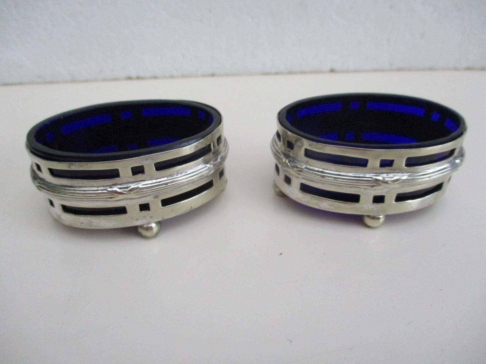 Silver metal and cobalt glass salt pots - EP St & co
