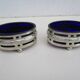 Silver metal and cobalt glass salt pots - EP St & co